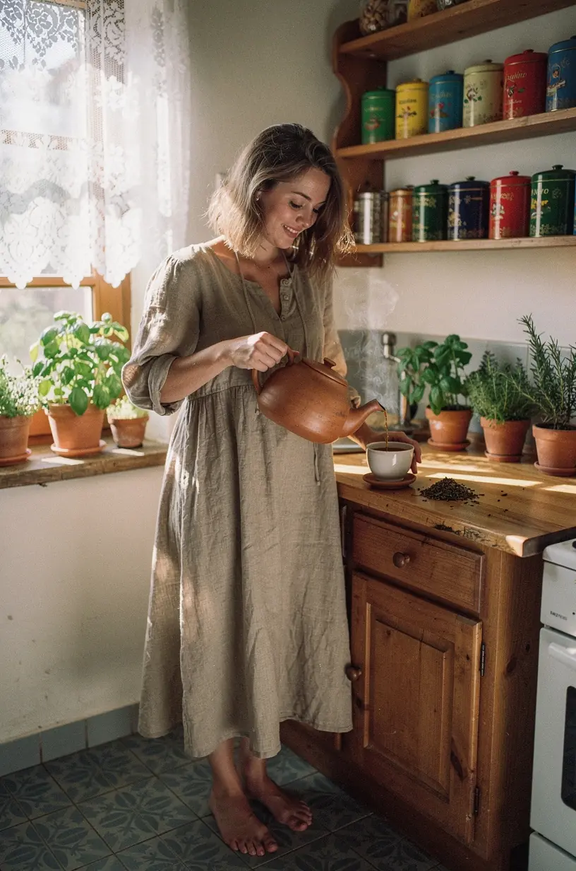 Személy meditál egy kényelmes szobában, miközben egy csésze teát kortyol, a stressz csökkentése érdekében.